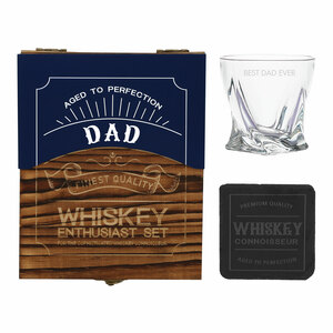 Dad by Man Made - Wooden Gift Box with  Rocks Glass and Slate Coaster