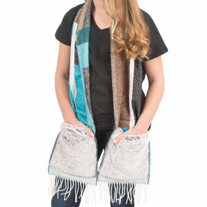Brown & Turquoise by H2Z Scarves - 71" Brushed Acrylic Faux Fur Pocket Scarf