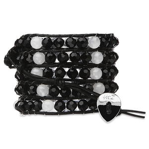 Onyx-Black & Alabaster Glass by H2Z - Wrap Bracelets - 35 Inch Black and Alabaster Glass Beads w/ Black Leather Wrap Bracelet
