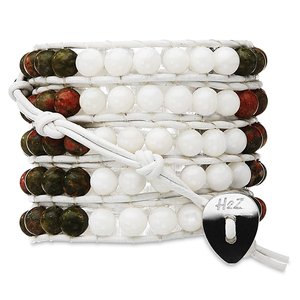 Olivine-Olive & White Shell by H2Z - Wrap Bracelets - 35 Inch Olive Semi-Precious  Stones and White Shell Beads w/ White Leather Wrap Bracelet
