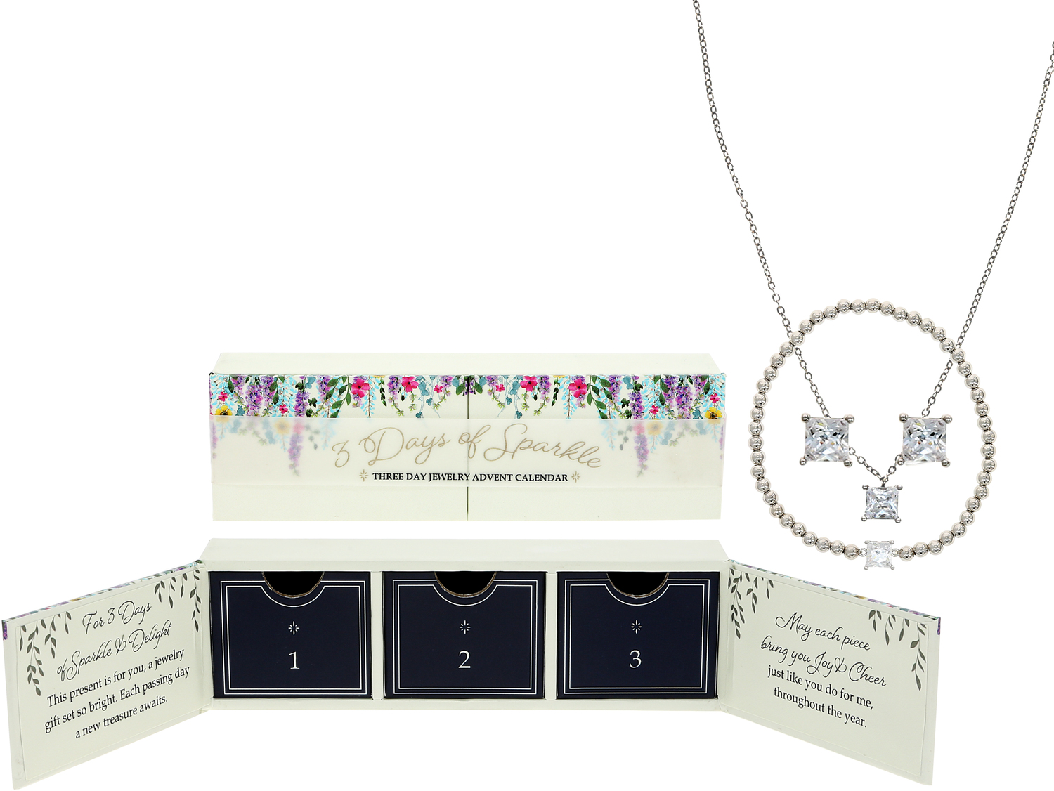 3 Days of Silver Sparkle by Outpouring of Love - 3 Days of Silver Sparkle - White Gold Plated Cubic Zirconia Necklace, Bracelet, and Earrings Set