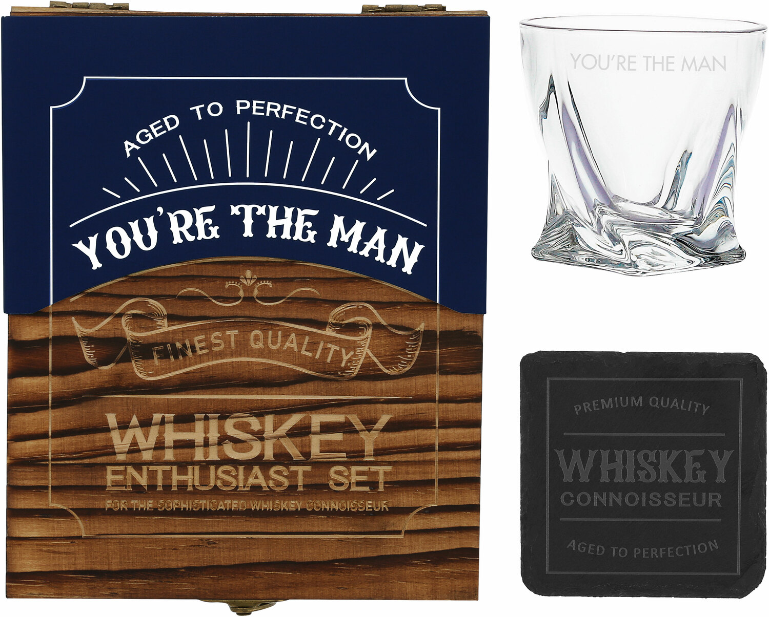 You're the Man  by Man Made - You're the Man  - Wooden Gift Box with  Rocks Glass and Slate Coaster