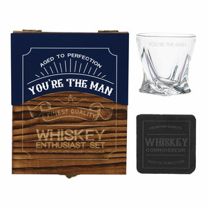 You're the Man  by Man Made - Wooden Gift Box with  Rocks Glass and Slate Coaster
