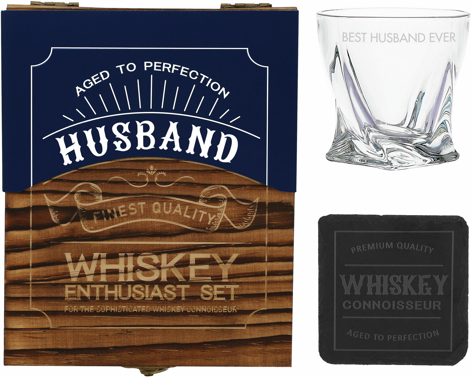 Husband by Man Made - Husband - Wooden Gift Box with  Rocks Glass and Slate Coaster