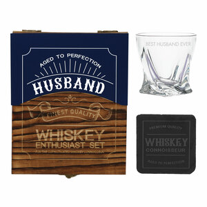 Husband by Man Made - Wooden Gift Box with  Rocks Glass and Slate Coaster