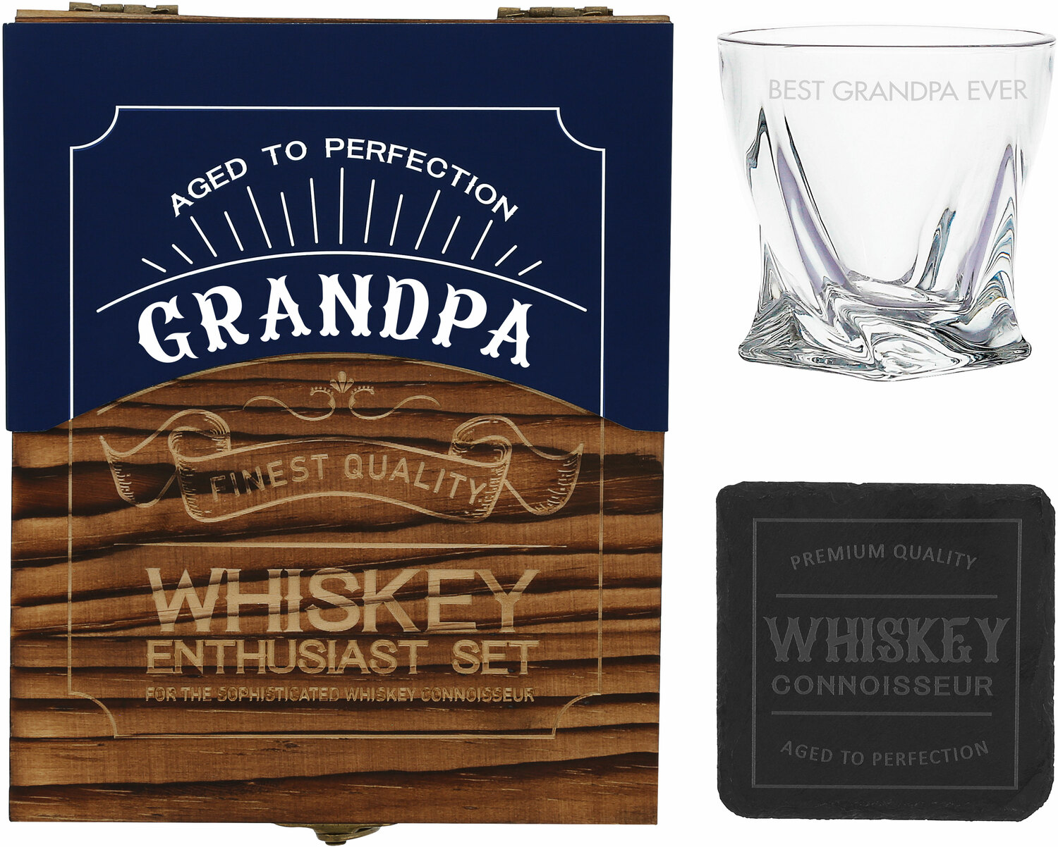 Grandpa by Man Made - Grandpa - Wooden Gift Box with  Rocks Glass and Slate Coaster