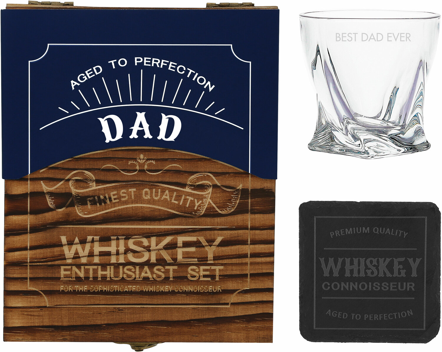 Dad by Man Made - Dad - Wooden Gift Box with  Rocks Glass and Slate Coaster