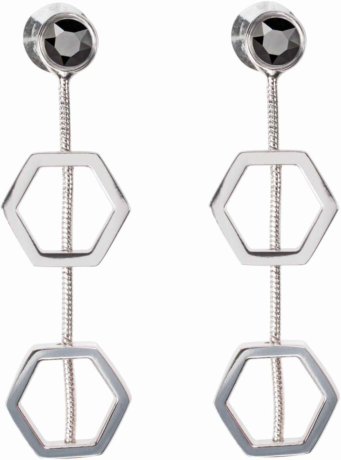 Jet - Silver Hexagon by H2Z Made with Swarovski Elements - Jet - Silver Hexagon - 1.5" Austrian Crystal Dangle Earrings