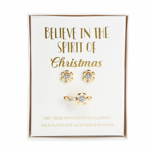 Crystal Snowflake
in Gold by H2Z Made with Swarovski Elements - 1 CM Austrian Crystal Stud Earrings & Adjustable Ring