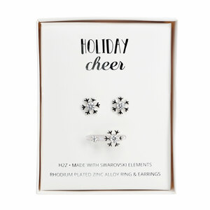 Crystal Snowflake
in Rhodium by H2Z Made with Swarovski Elements - 1 CM Austrian Crystal Stud Earrings & Adjustable Ring