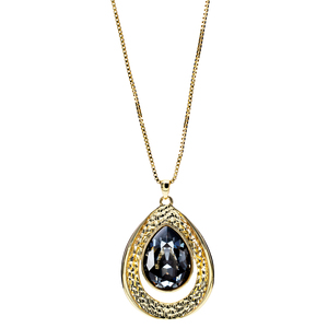 Crystal Silver Night Teardrop by H2Z Made with Swarovski Elements - 38" 18 K Gold Plated Drawstring Sweater Necklace