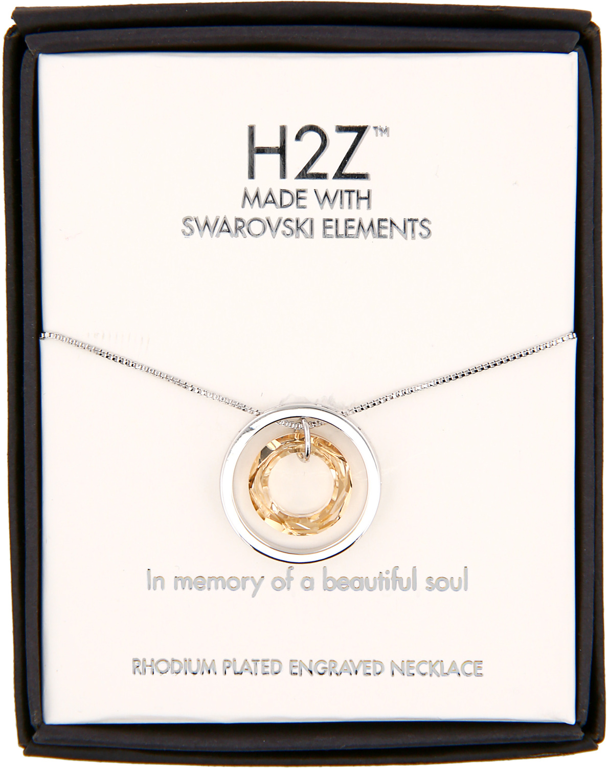 In Memory
Golden Shadow Crystal by H2Z Made with Swarovski Elements - In Memory
Golden Shadow Crystal - 17"-19" Engraved Rhodium Plated Austrian Element Necklace