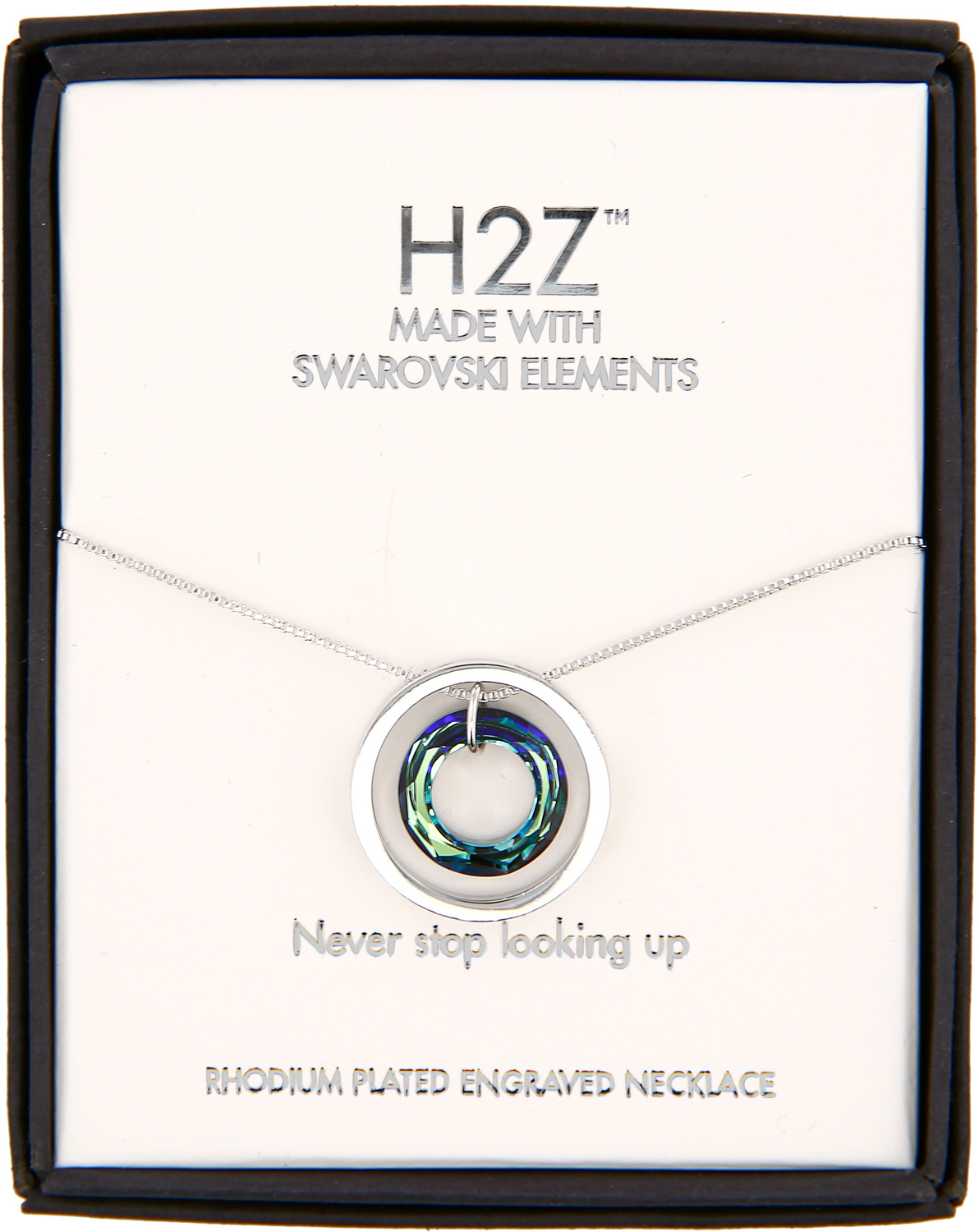 Look Up
Bermuda Blue Crystal by H2Z Made with Swarovski Elements - Look Up
Bermuda Blue Crystal - 17"-19" Engraved Rhodium Plated Austrian Element Necklace