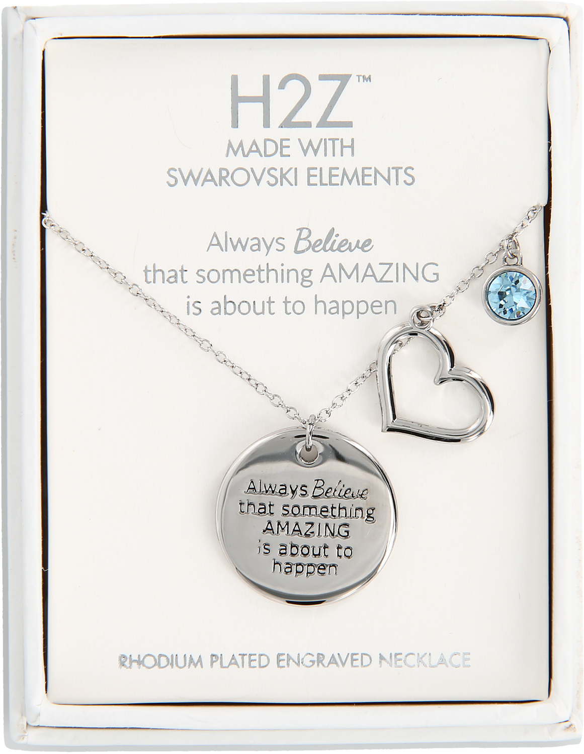 Believe
Aquamarine Crystal by H2Z Made with Swarovski Elements - Believe
Aquamarine Crystal - 16.5"-20.5" Engraved Rhodium Plated Austrian Element Necklace