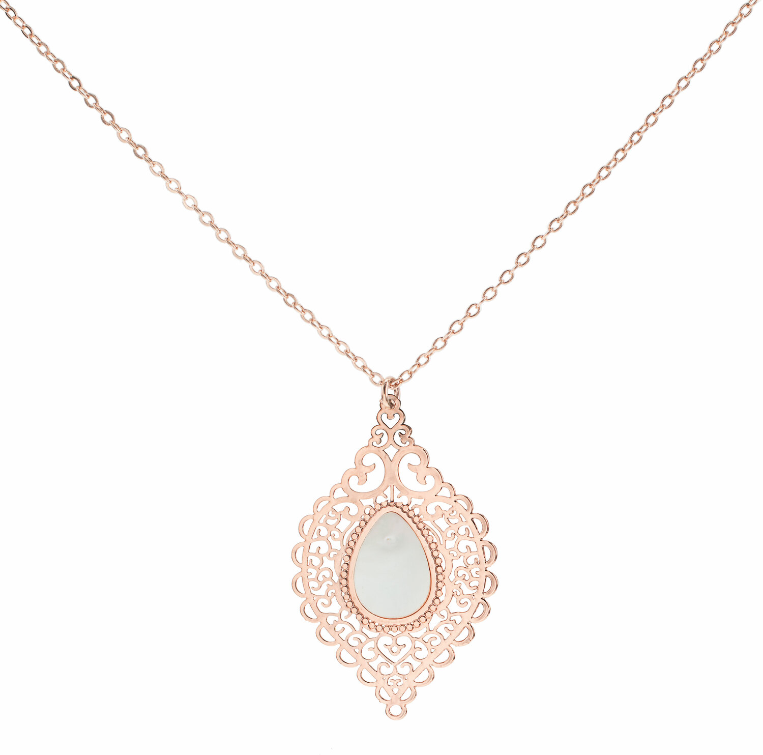 Rose Gold Lace Leaf by H2Z Filigree Jewelry - Rose Gold Lace Leaf - Mother of Pearl Necklace