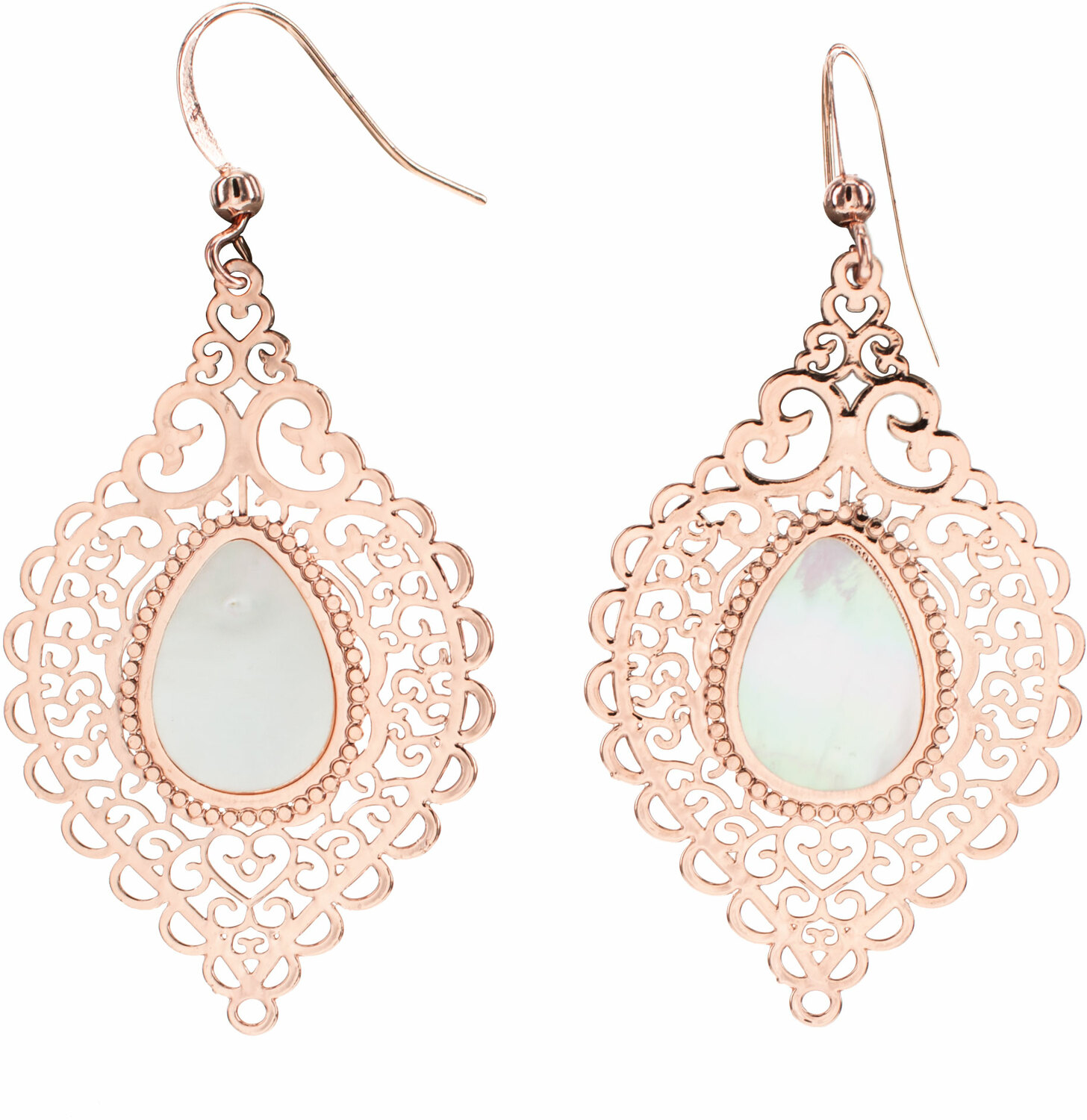 Rose Gold Lace Leaf by H2Z Filigree Jewelry - Rose Gold Lace Leaf - Mother of Pearl Earrings