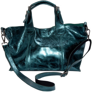 Anissa Dark Green by H2Z Metallic Leather Bag - 14" x 9.5" Metallic Leather Purse/Handbag