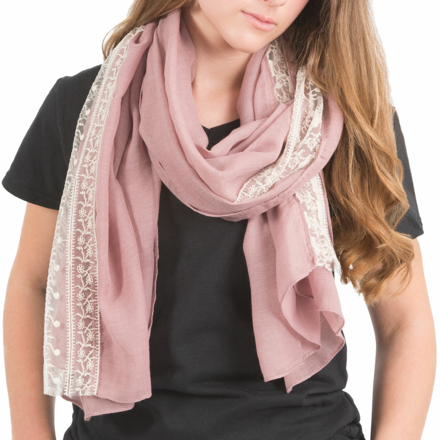 Pink by H2Z Scarves - Pink - 70" x 30" Lace Accent Scarf