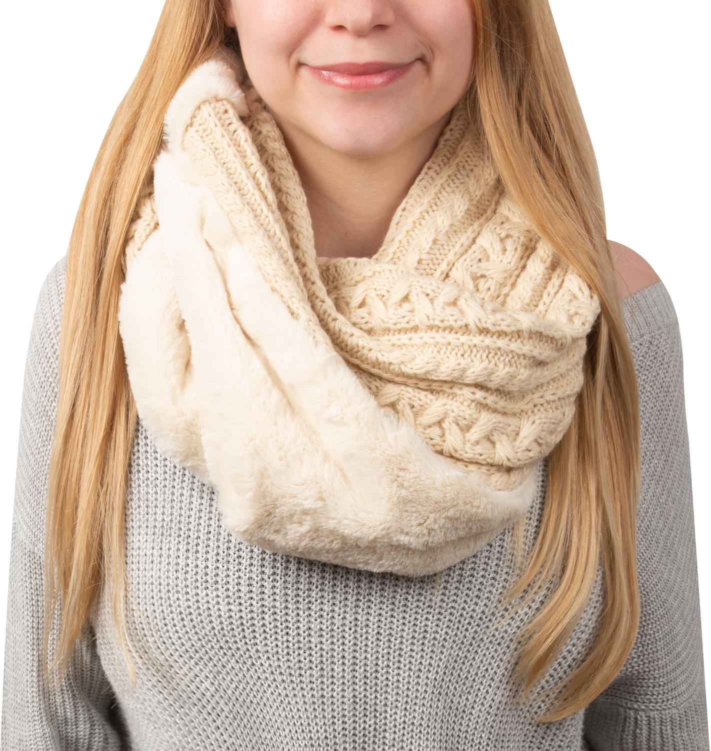 Winter Cream by H2Z Scarves - Winter Cream -  Cable Knit & Faux Fur Infinity Scarf