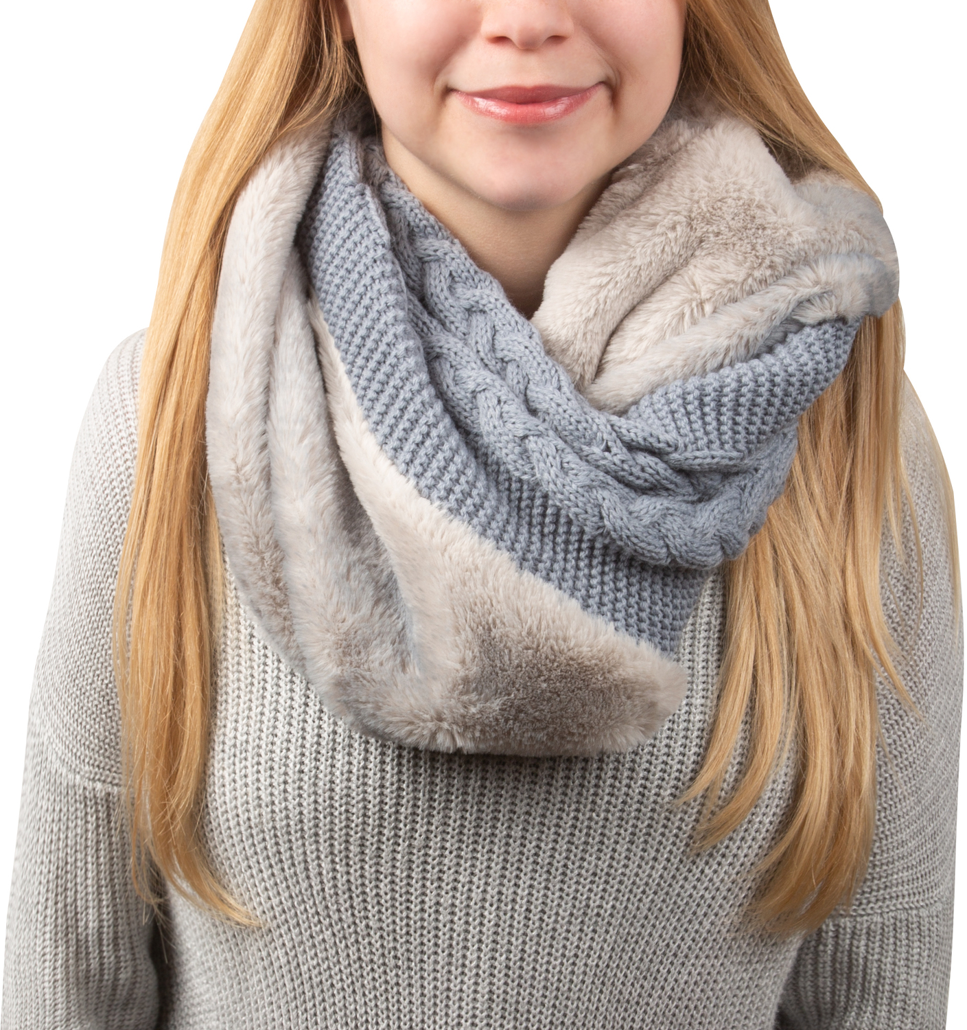 Cadet Blue by H2Z Scarves - Cadet Blue -  Cable Knit & Faux Fur Infinity Scarf