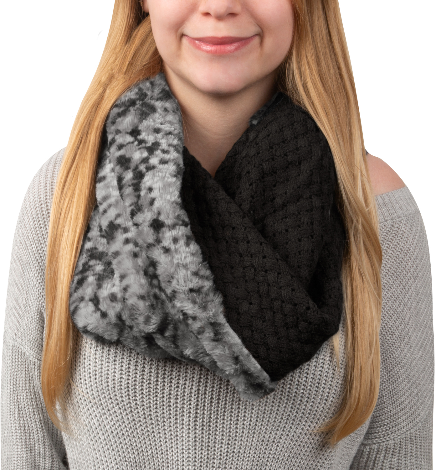 Charcoal Gray by H2Z Scarves - Charcoal Gray - Weave Knit & Faux Fur Infinity Scarf