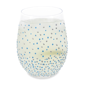 Blue & Silver Dots by Sunny by Sue - 18 oz Hand Decorated Stemless Glass