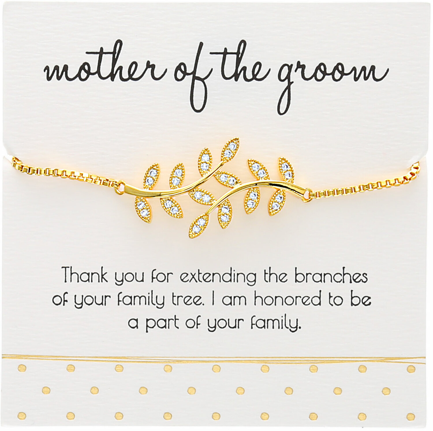 Mother of the Groom - White Zircon Leaf by Love Grows - Mother of the Groom - White Zircon Leaf - Gold Plated Adjustable Bracelet