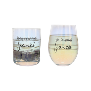 Fiancé/Fiancée by Love Grows - 11 oz Rocks & 18 oz Stemless Wine Glass Set