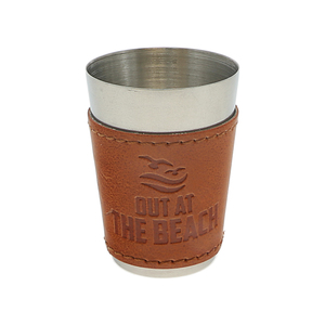 Out at the Beach by Man Out - Stainless Shot Glass with Sleeve