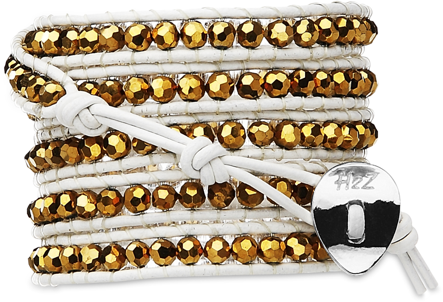 Gold Glamour-Met Gold Glass by H2Z - Wrap Bracelets - Gold Glamour-Met Gold Glass - 35 Inch Metallic Gold Glass Beads w/  White Leather Wrap Bracelet
