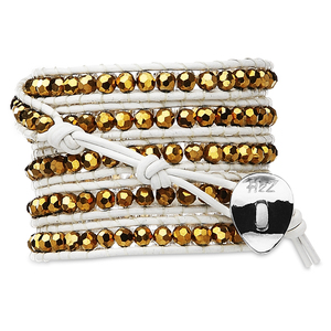 Gold Glamour-Met Gold Glass by H2Z - Wrap Bracelets - 35 Inch Metallic Gold Glass Beads w/  White Leather Wrap Bracelet
