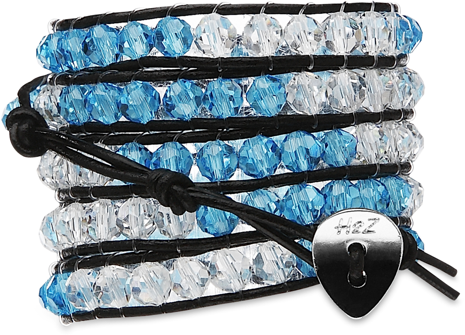 Ocean Side-Cyan & Clr Glass by H2Z - Wrap Bracelets - Ocean Side-Cyan & Clr Glass - 35 Inch Cyan and Clear Glass Beads w/ Black Leather Wrap Bracelet
