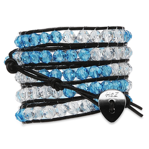Ocean Side-Cyan & Clr Glass by H2Z - Wrap Bracelets - 35 Inch Cyan and Clear Glass Beads w/ Black Leather Wrap Bracelet
