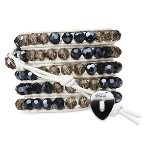 Dusk-Smoky & Black Glass by H2Z - Wrap Bracelets - 35 Inch Smoky and Black Glass Beads w/ White  Leather Wrap Bracelet
