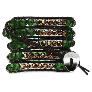 Clover-Emer Glass & Cop Bead by H2Z - Wrap Bracelets - 35 Inch Emerald Glass and Copper Beads w/ Brown Leather Wrap Bracelet

