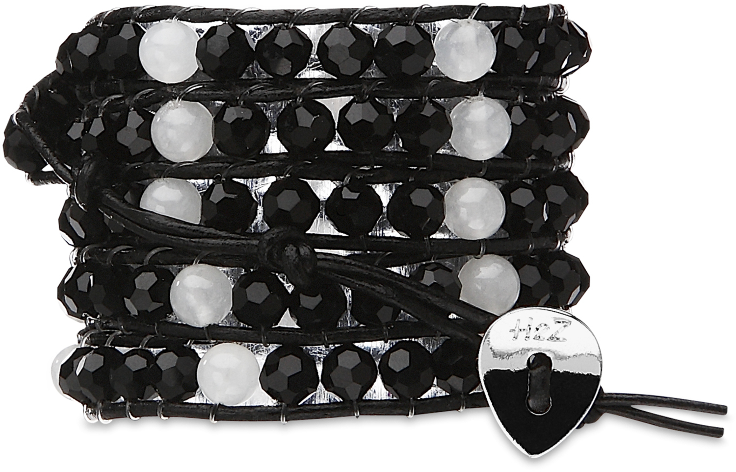 Onyx-Black & Alabaster Glass by H2Z - Wrap Bracelets - Onyx-Black & Alabaster Glass - 35 Inch Black and Alabaster Glass Beads w/ Black Leather Wrap Bracelet
