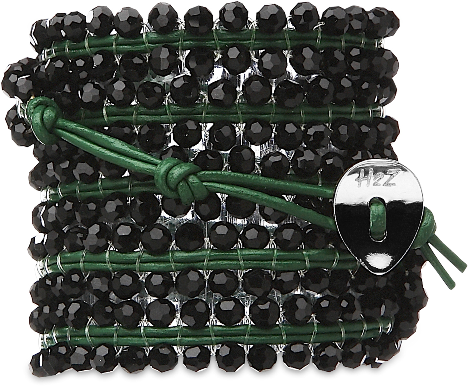 Kelly Shimmer-Black Glass by H2Z - Wrap Bracelets - Kelly Shimmer-Black Glass - 35 Inch Black Glass  Beads w/ Green Leather Wrap Bracelet

