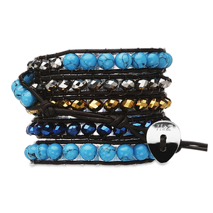 Royalty-Tur & Sil Gld, Blue by H2Z - Wrap Bracelets - 35 Inch Turquoise, Silver, Gold and Blue Glass Beads w/ Brown Leather Wrap Bracelet
