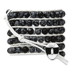 Cement-Black Semi Prec Bead by H2Z - Wrap Bracelets - 35 Inch Black Semi-Precious Stones w/ White Leather Wrap Bracelet

