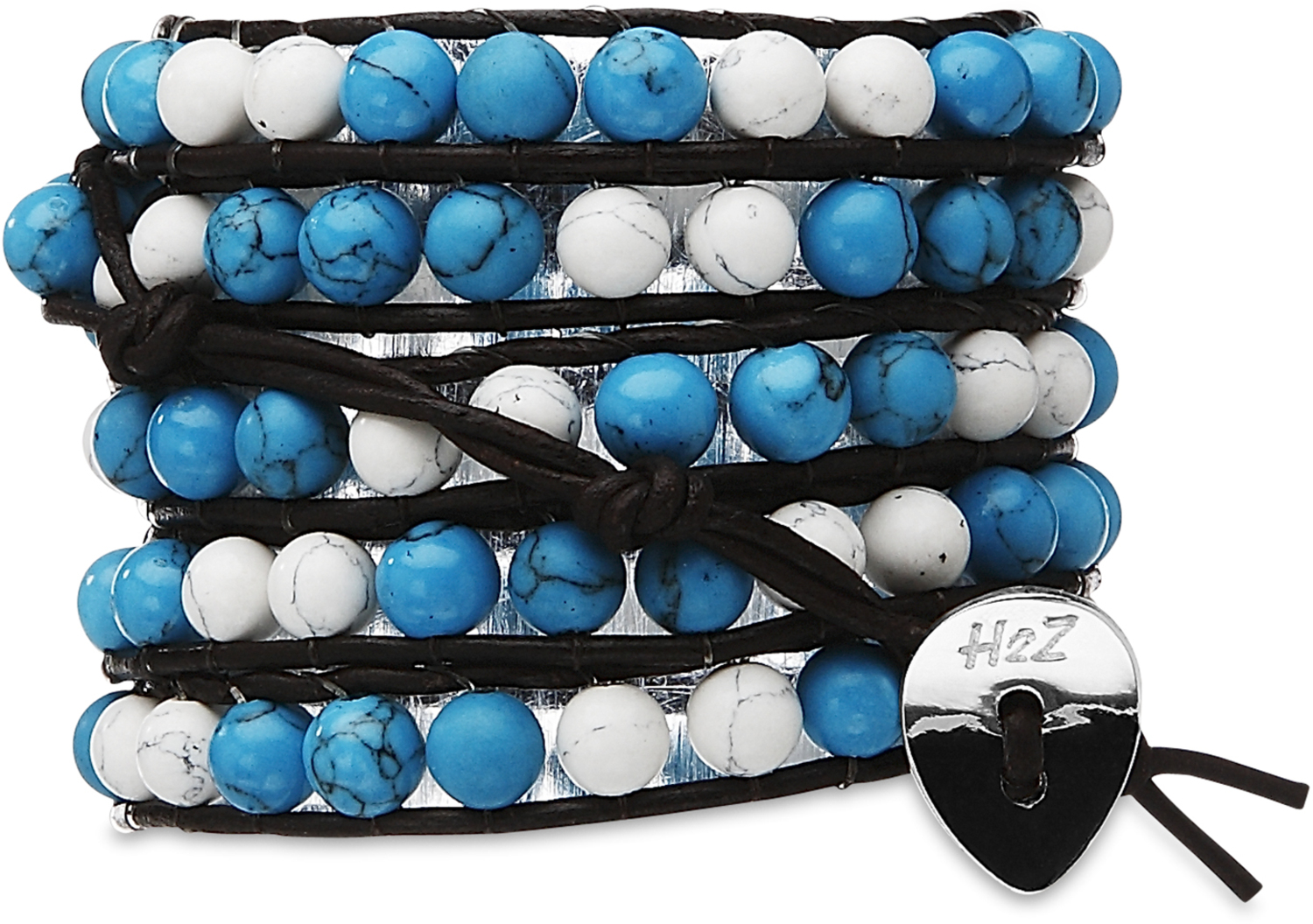 Sedona-Turquoise & White by H2Z - Wrap Bracelets - Sedona-Turquoise & White - 35 Inch Turquoise and White Turquoise Beads w/ Brown Leather Wrap Bracelet
