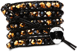 Bijou Black-Blk & Gld Crystal by H2Z - Wrap Bracelets - 35 inch Black and Gold Crystal Beads w/ Black Leather Wrap Bracelet
