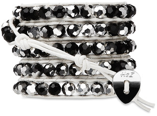 Chrome-Black & Silver by H2Z - Wrap Bracelets - 35 inch Black and Silver Crystal Beads w/ White Leather Wrap Bracelet
