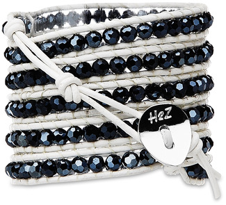 Carbon-Hermatite Crystal by H2Z - Wrap Bracelets - 35 inch Hematite Crystal Beads w/  White Leather Wrap Bracelet
