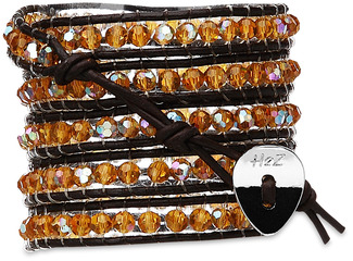 Desert Gold-Amber Crystal by H2Z - Wrap Bracelets - 35 inch Amber Crystal Beads w/ Brown Leather Wrap Bracelet

