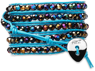 Bahama Blue-Hematite Crystal by H2Z - Wrap Bracelets - 35 inch Iridescent Hematite Crystal Beads w/ Light Blue Leather Wrap Bracelet
