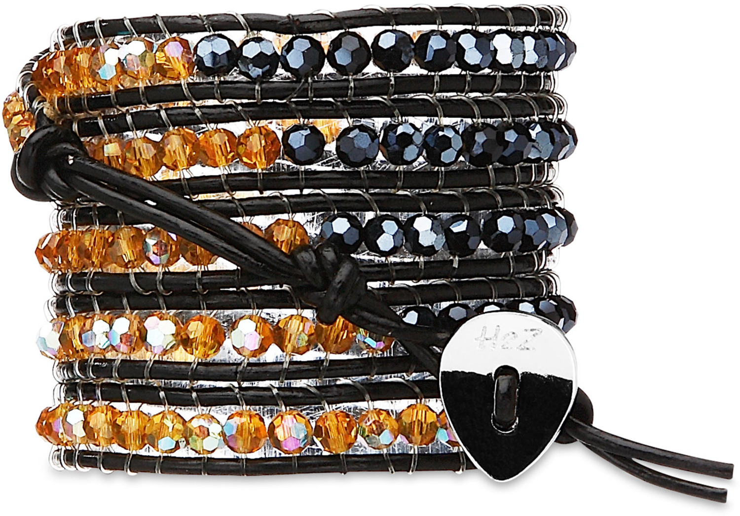 Midnight Amber- Herm & Amber by H2Z - Wrap Bracelets - Midnight Amber- Herm & Amber - 35 inch Iridescent Hematite and Amber Crystal Beads w/ Black Leather Wrap Bracelet
