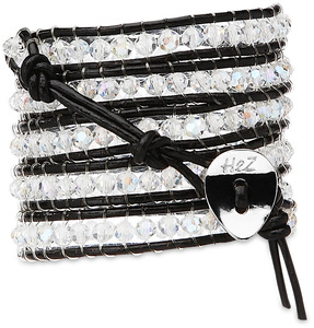Crystal Clear-Clear Crystal by H2Z - Wrap Bracelets - 35 inch Clear Crystal Beads with Black Leather Wrap Bracelet
