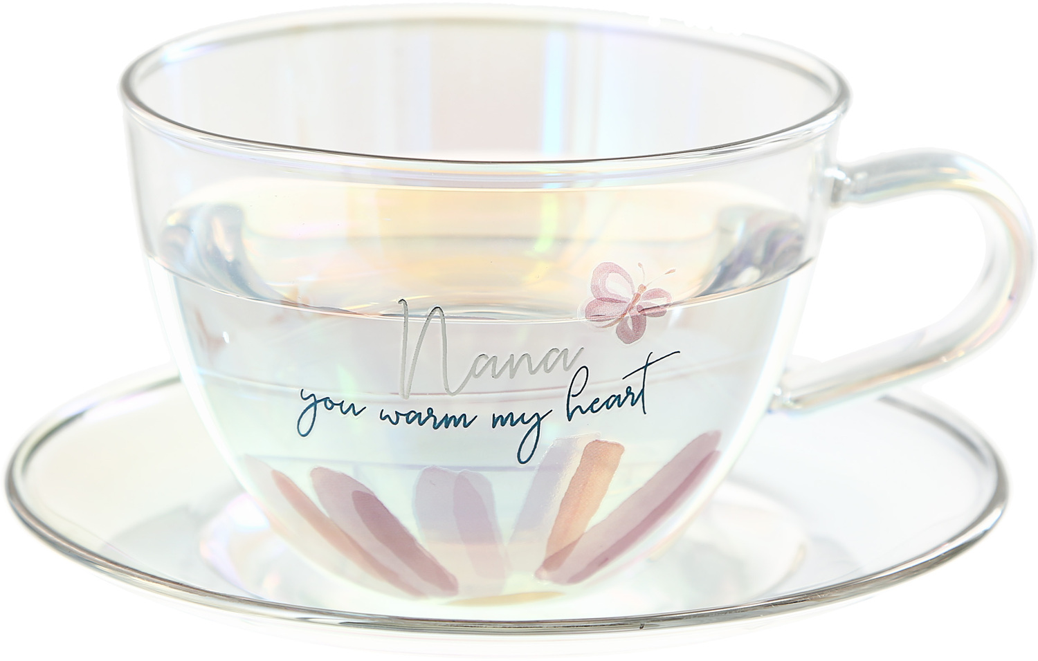 Nana, 7 oz Glass Tea Cup and Saucer - Rosy Heart - Pavilion