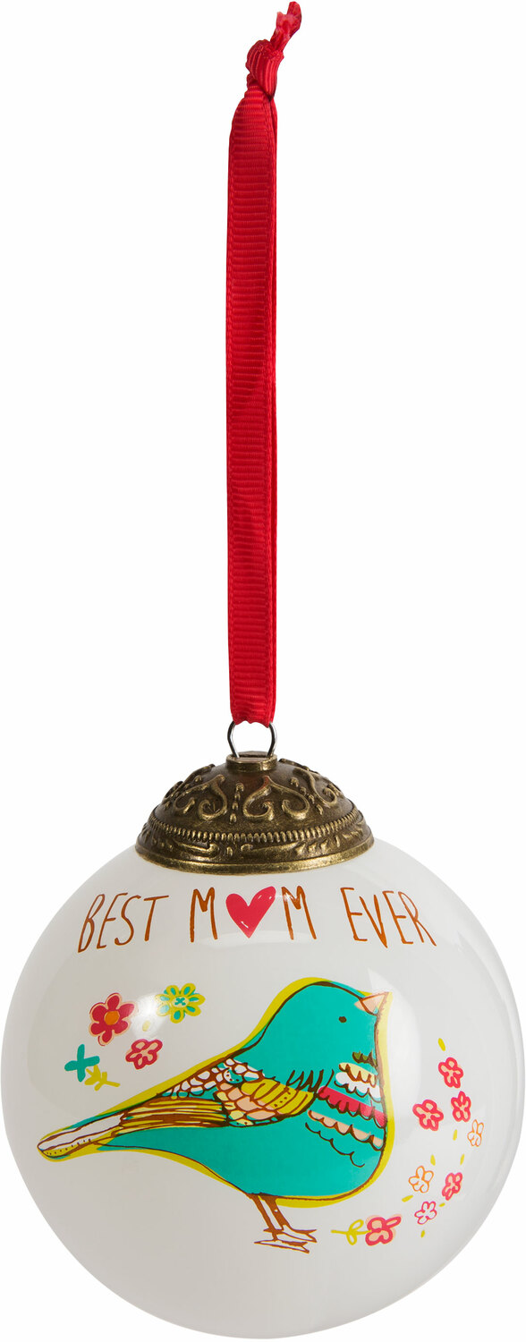 Mom by A Mother's Love by Amylee Weeks - Best Mom Ever Bird Floral White Glass Bulb Christmas Ornament 