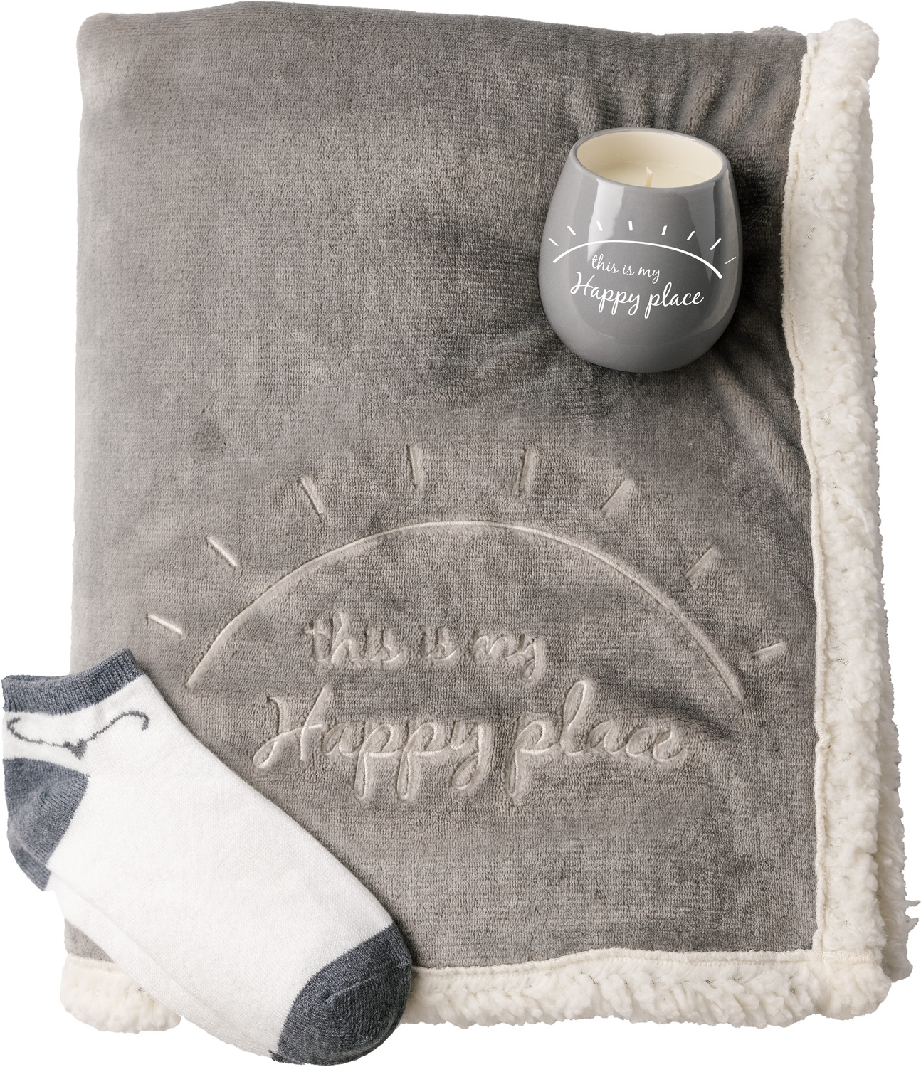 Happy Place by Warm and Fuzzy - Happy Place - 42" x 50" Sherpa Lined, Royal Plush Blanket Gift Set